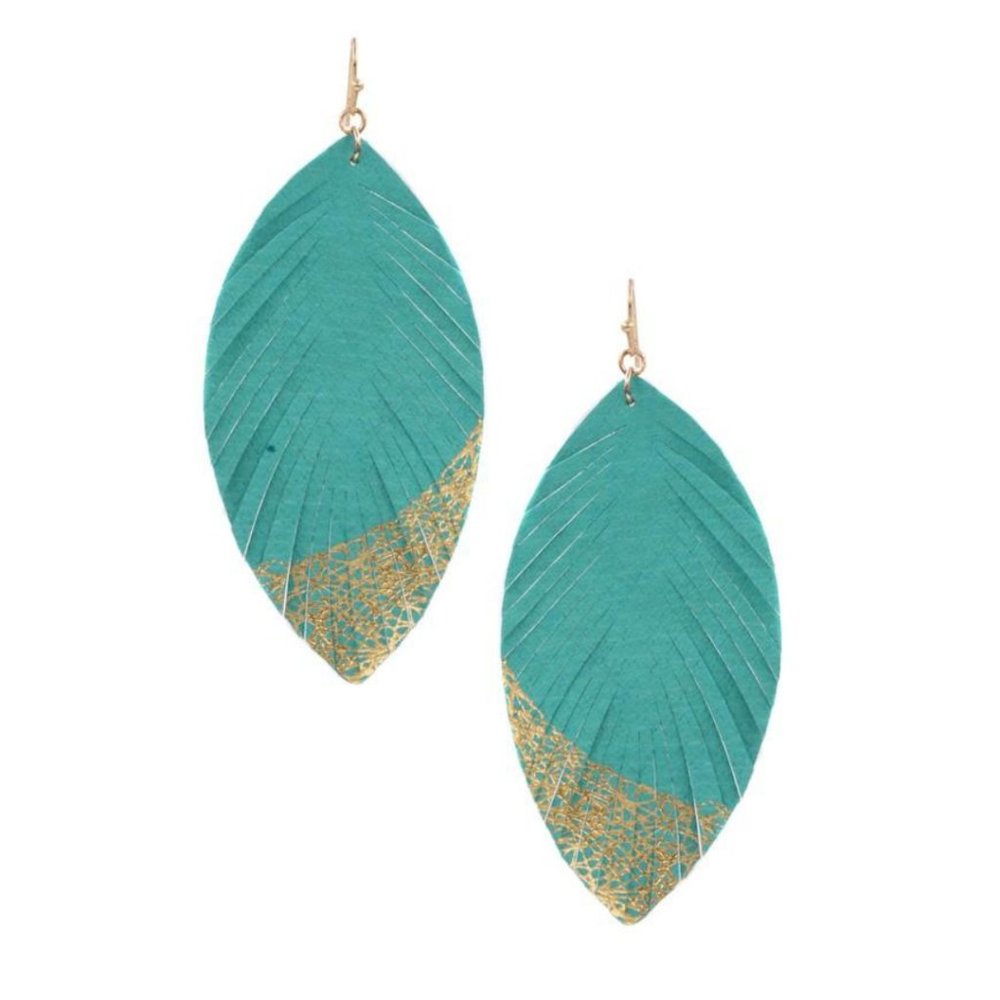 Fringe Turquoise Gold Dipped Leatherette Earrings